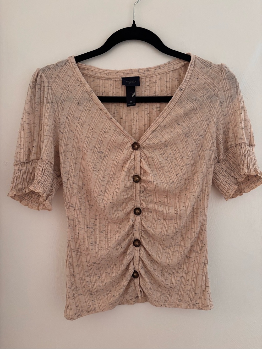 Daytrip Beige Ruched Button-Front V-Neck Top